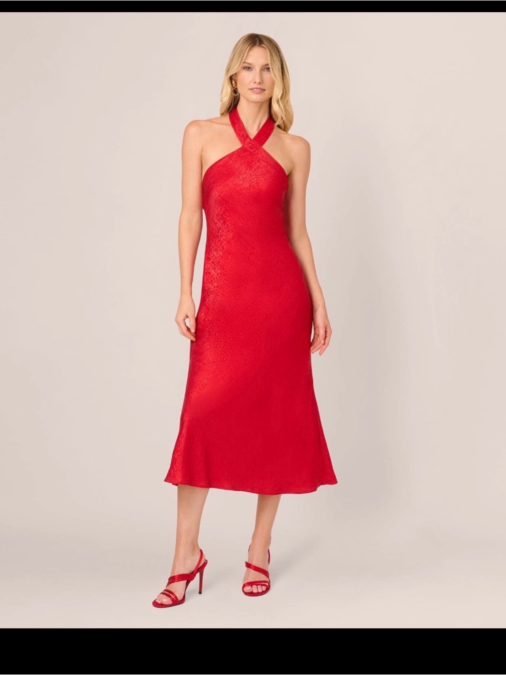 Adrianna Foild Red Halter Midi Dress - Elegant Women's Evening Dress